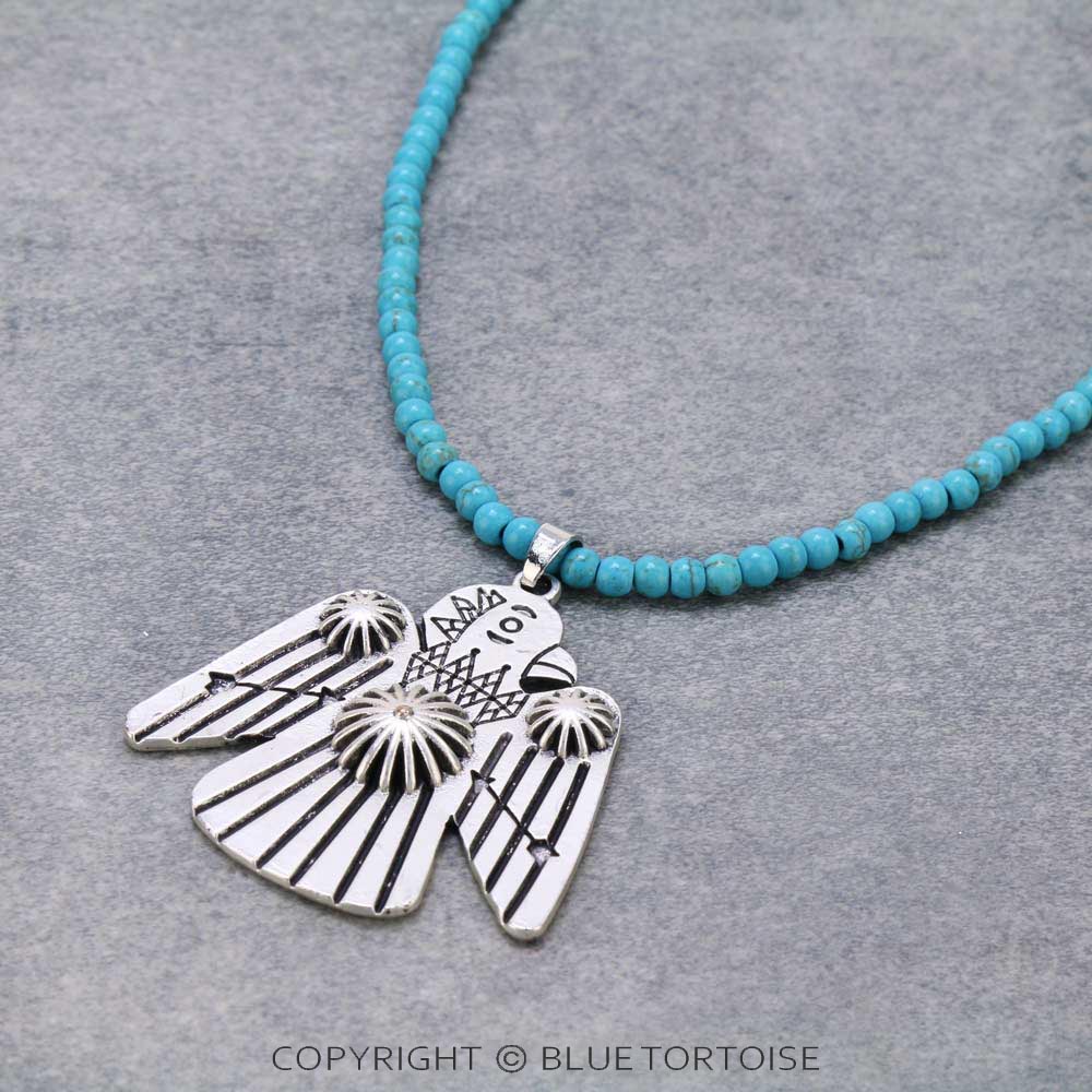 16" Long, Tiny 4mm Turquoise Bead Necklace, Thunderbird Pendant - Image 3