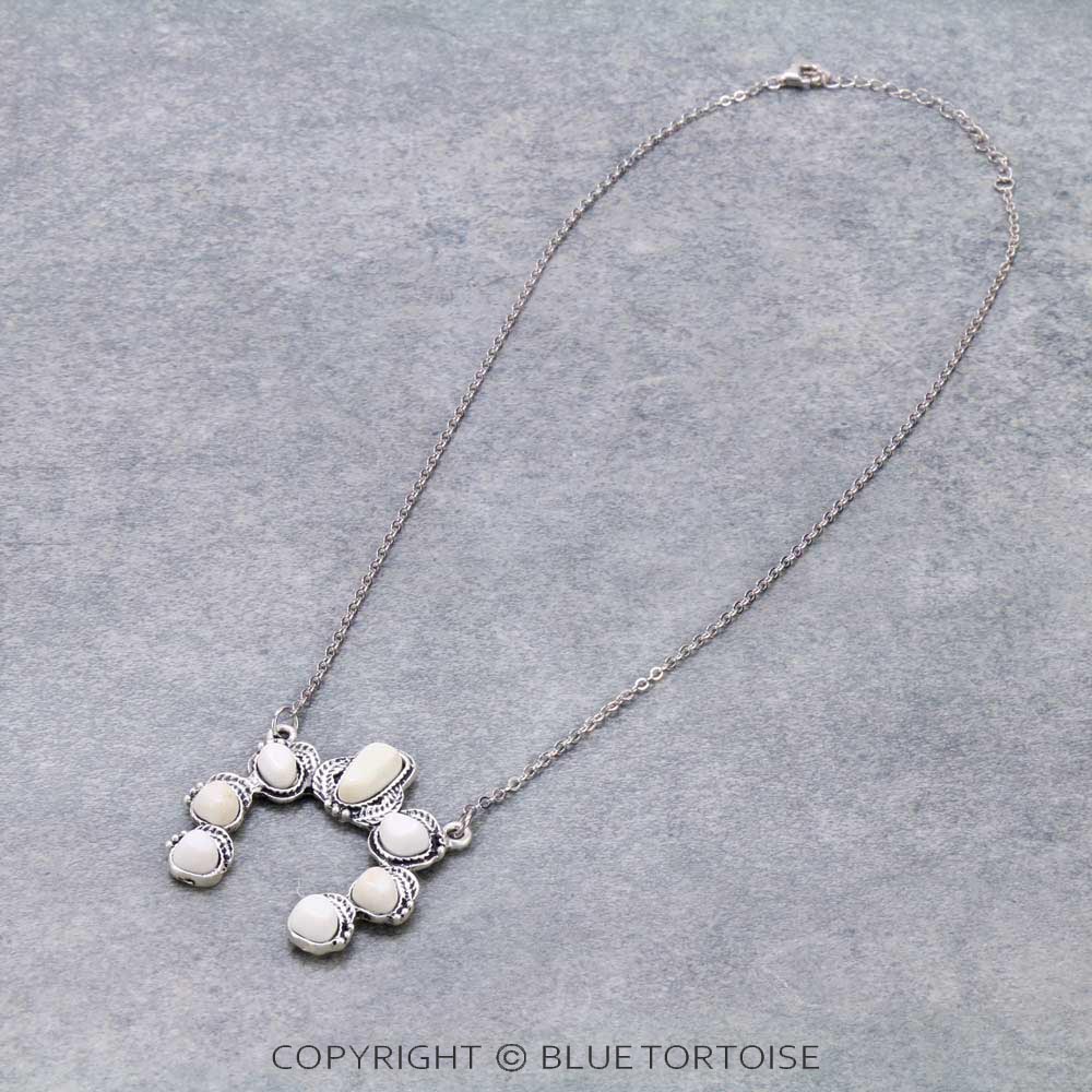15" Long Platinum Plated Thick Sterling Silver Chain Necklace, Squash Blossom Natural White Stone Pendant