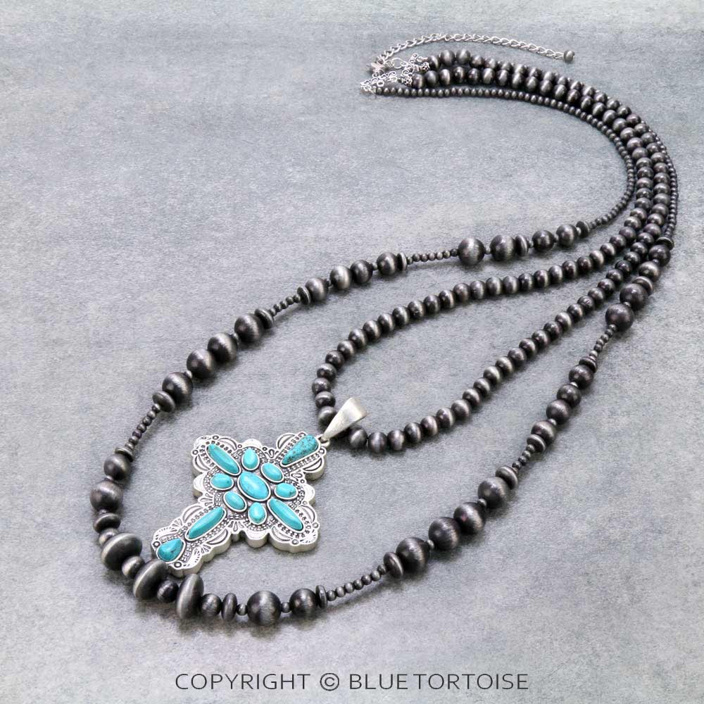 40" Long, Navajo Style Pearl Necklace, Natural Stone Pendant