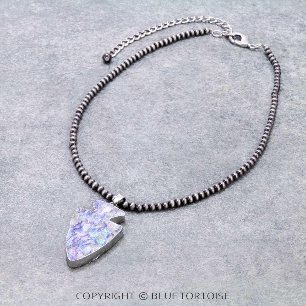 16" Long, Tiny 4mm Navajo Style Pearl Necklace, Arrowhead Bezel Setting Natural Gemstone Pendant