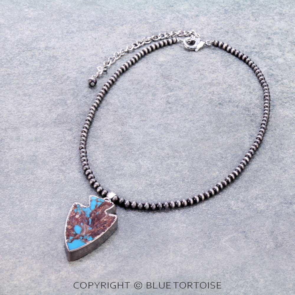 16" Long, Tiny 4mm Navajo Style Pearl Necklace, Arrowhead Bezel Setting Natural Gemstone Pendant
