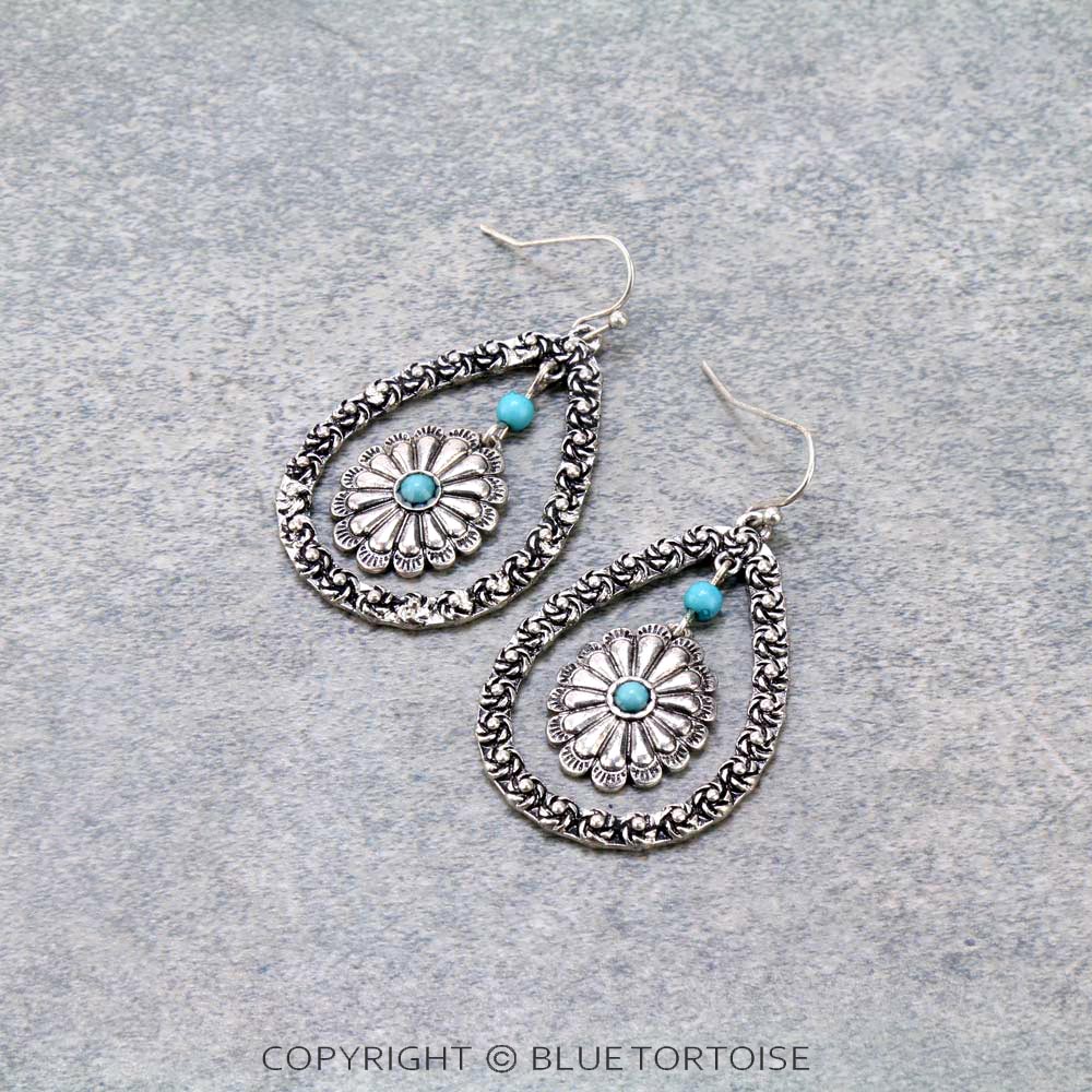 Western Concho Charm Teardrop Dangle Earrings