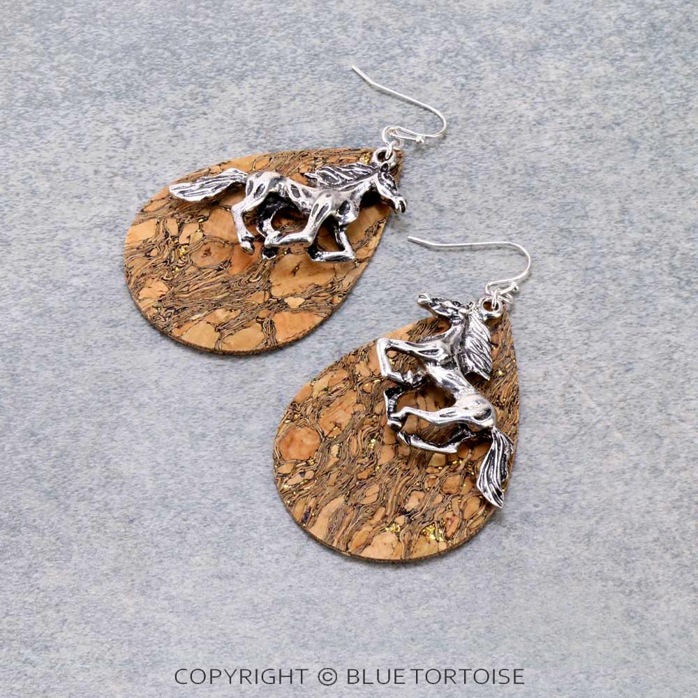 Western Running Horse Cork Dangle Earrings