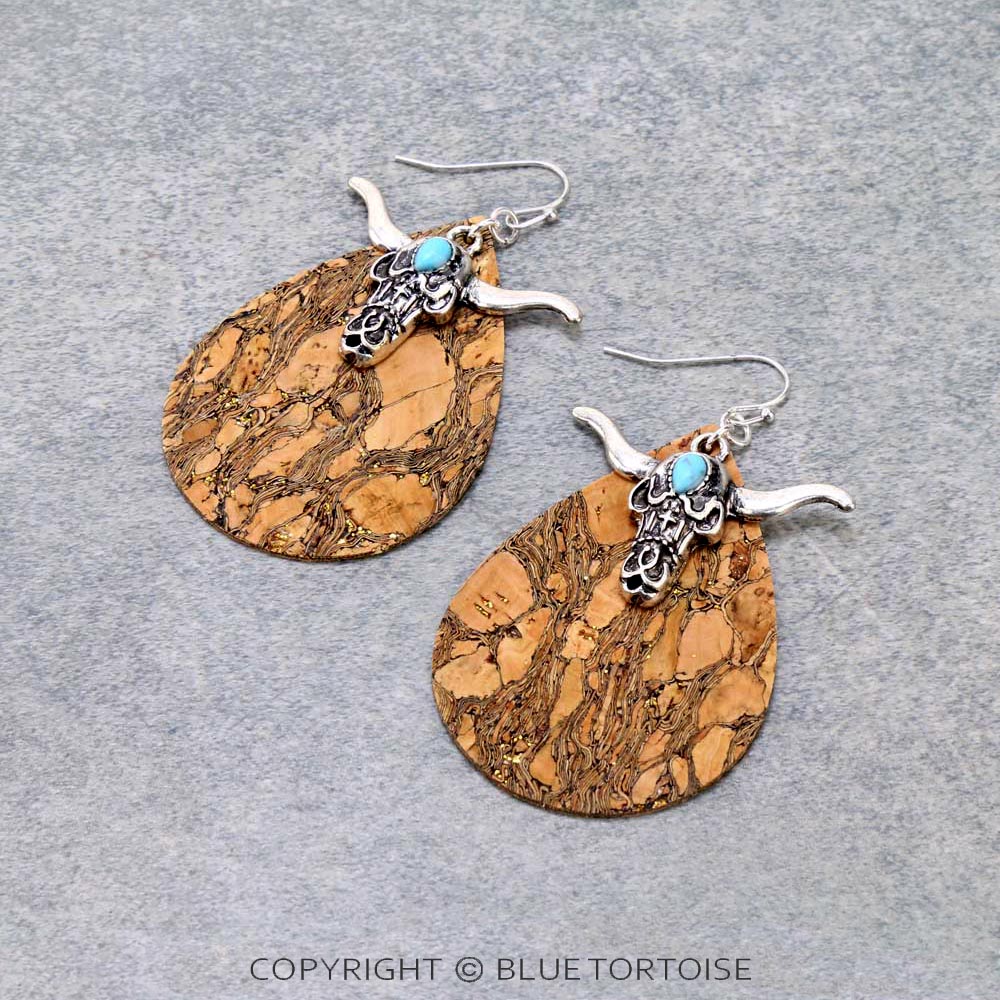 Western Steer Head Cork Dangle Earrings