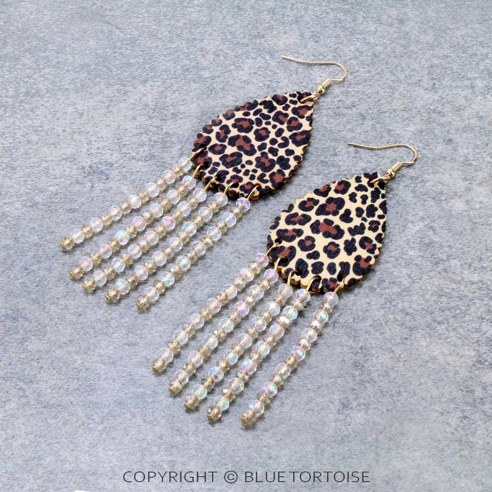 Leopard Teardrop with Glass Bead Tassel Dangle Earrings