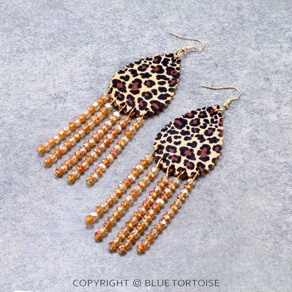 Leopard Teardrop with Glass Bead Tassel Dangle Earrings
