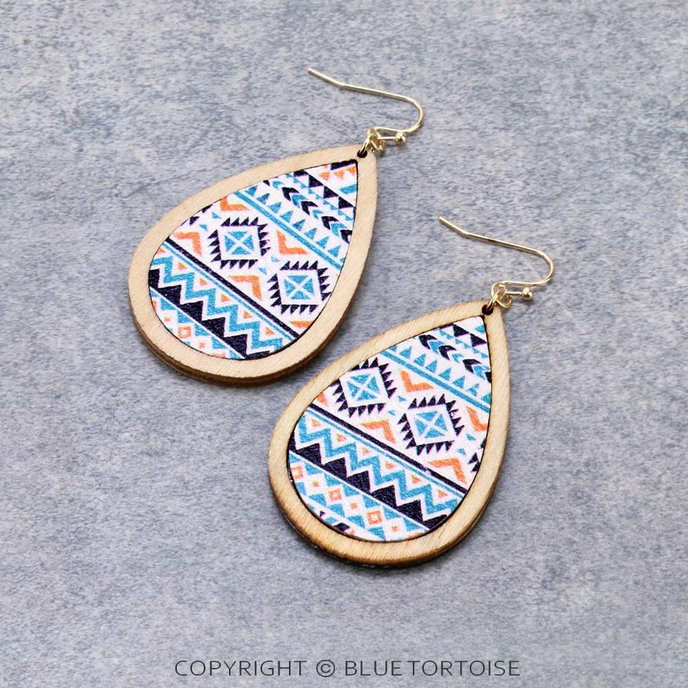 Aztec Printed Wood Teardrop Dangle Earrings