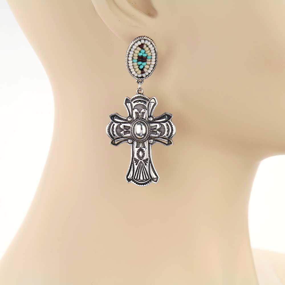 Western Cross Seed Bead Stud Earrings - Image 2