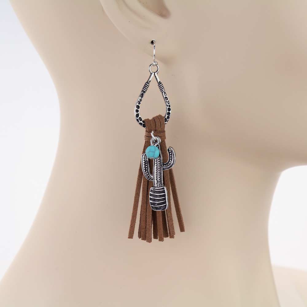 Western Cactus with Suede Tassel Dangle Earrings - Image 2