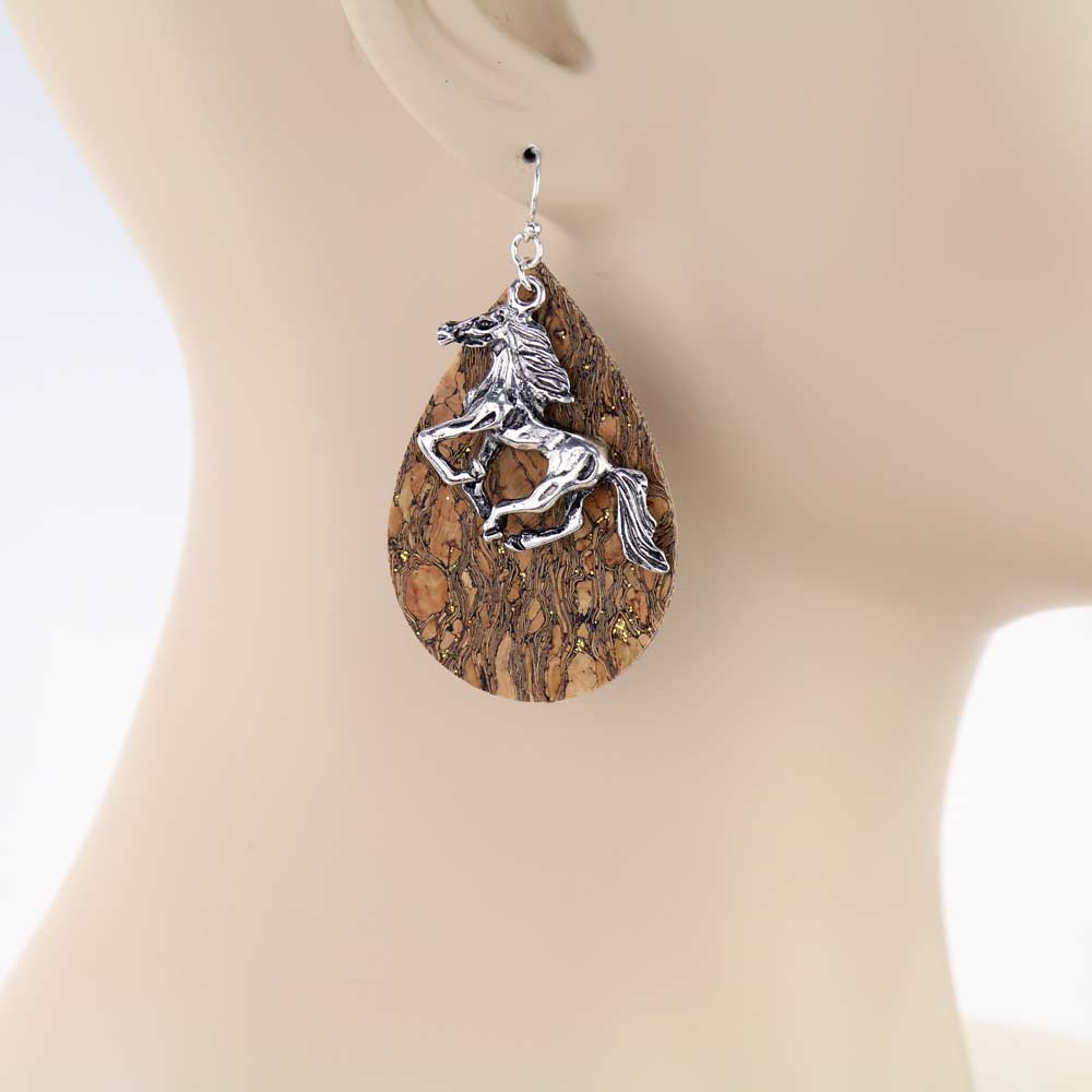 Western Running Horse Cork Dangle Earrings - Image 2