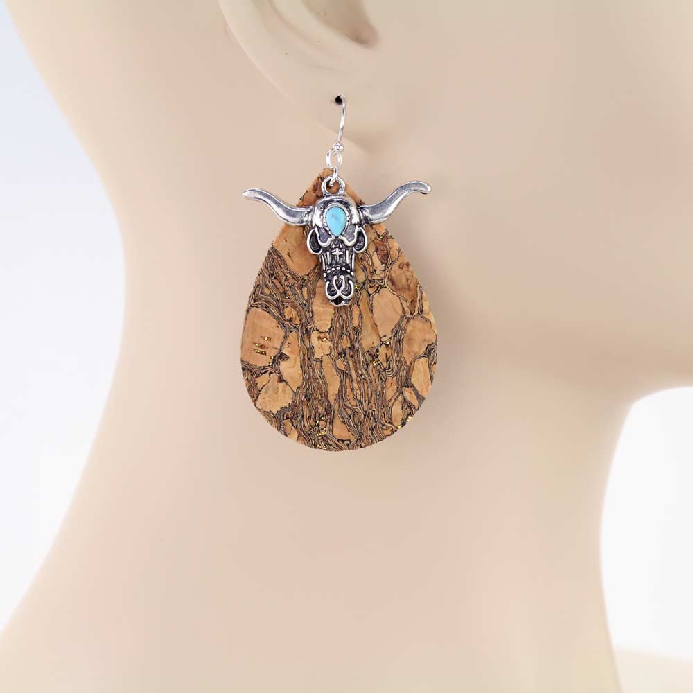 Western Steer Head Cork Dangle Earrings - Image 2