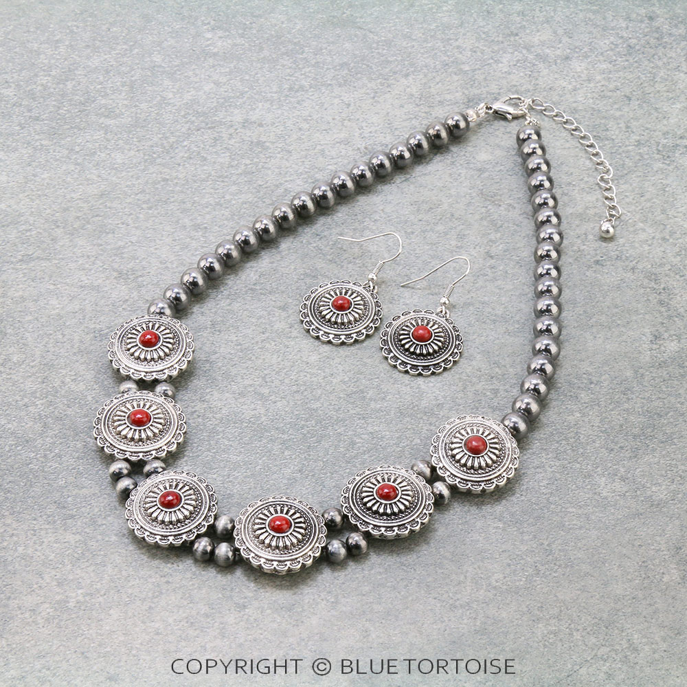 Western Concho Metallic Pearl Necklace Set