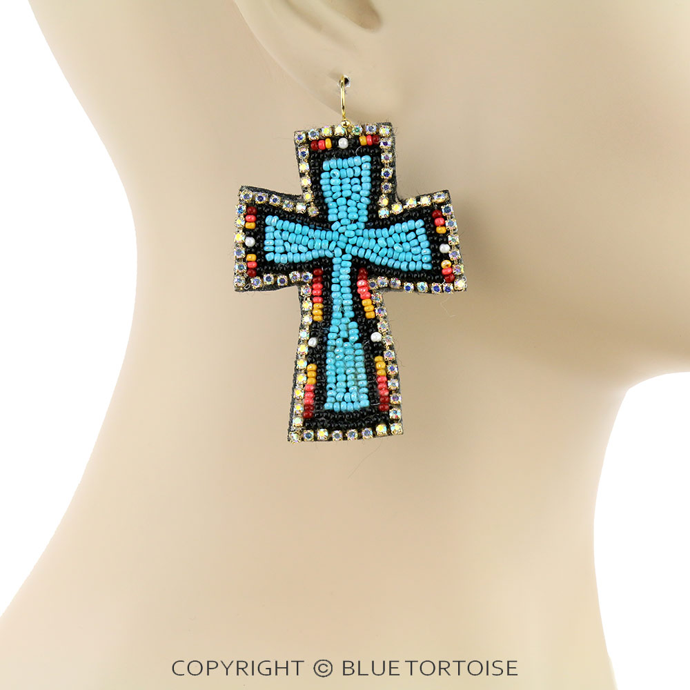 Western Seed Bead Cross Dangle Earrings - Image 2