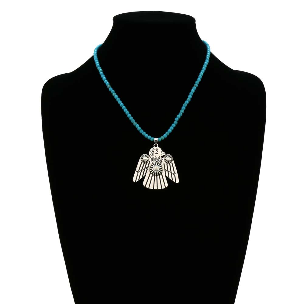 16" Long, Tiny 4mm Turquoise Bead Necklace, Thunderbird Pendant - Image 2