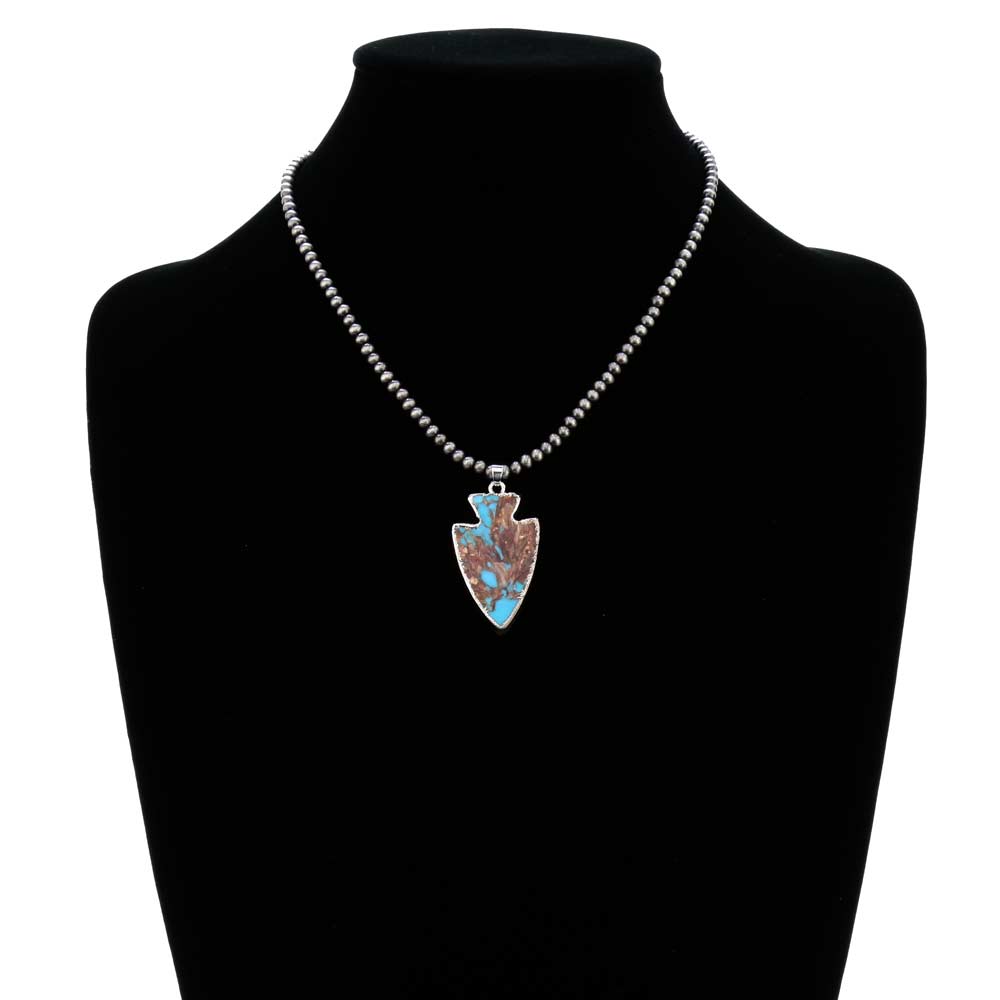 16" Long, Tiny 4mm Navajo Style Pearl Necklace, Arrowhead Bezel Setting Natural Gemstone Pendant - Image 2