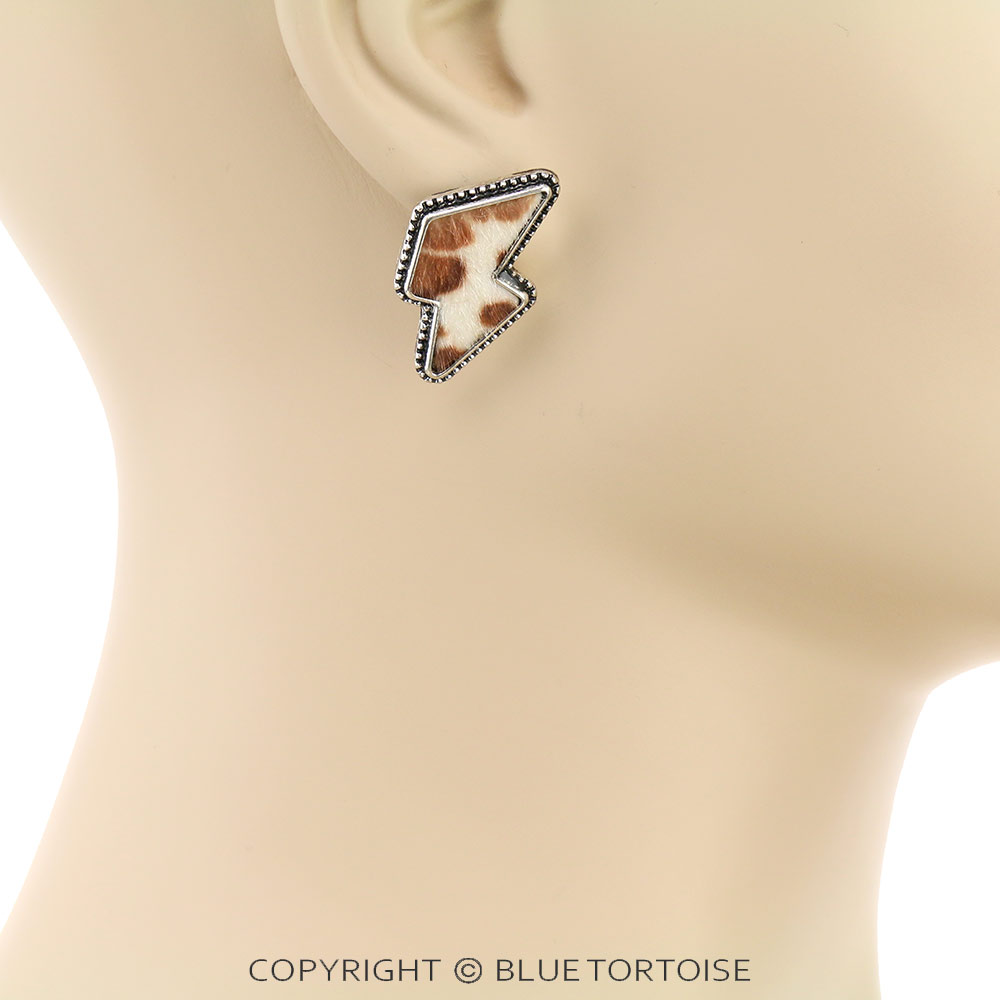 Lightning Bolt Brown Fur Stud Earrings - Image 2