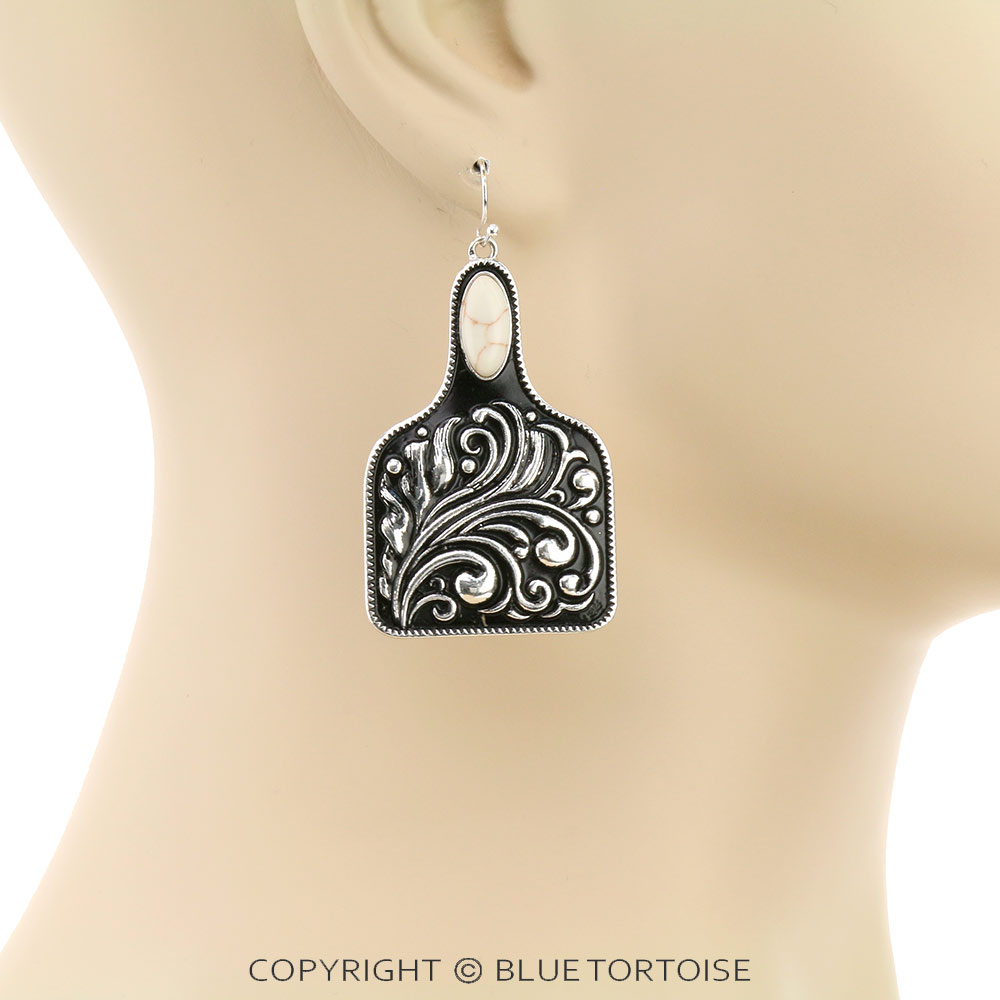 Western Floral Pattern Cattle Tag Dangle Earrings - Image 2