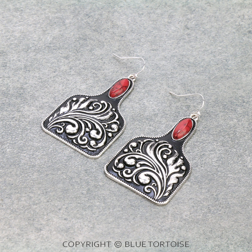 Western Floral Pattern Cattle Tag Dangle Earrings