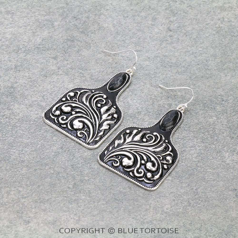 Western Floral Pattern Cattle Tag Dangle Earrings