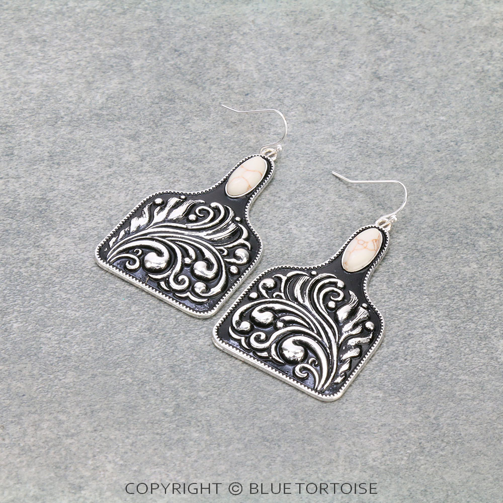 Western Floral Pattern Cattle Tag Dangle Earrings