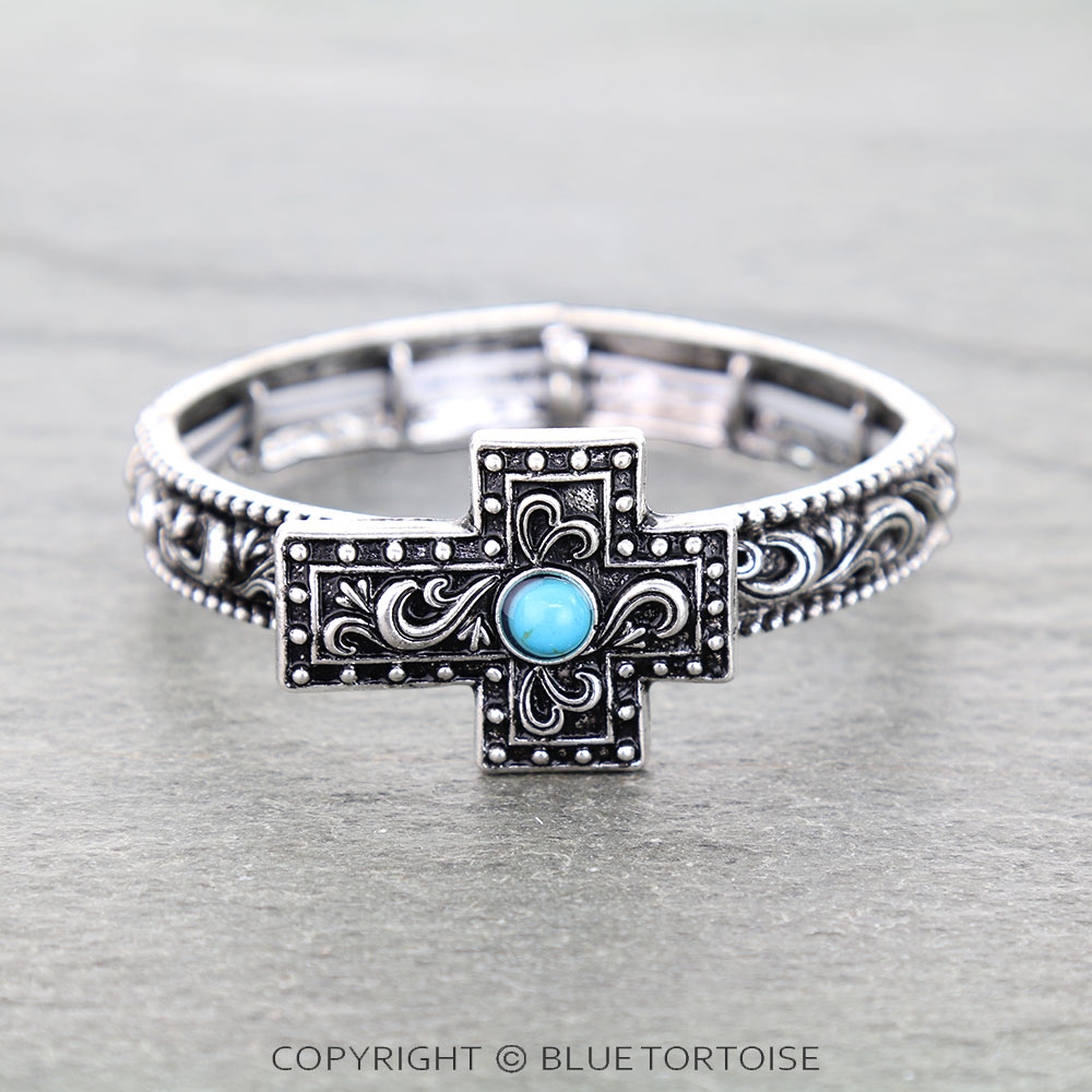 Western Filigree Cross w/ Semi Stone Stretch Bracelet
