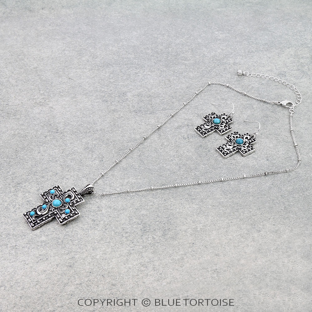 Western Filigree Cross w/ Semi Stone Necklace Set