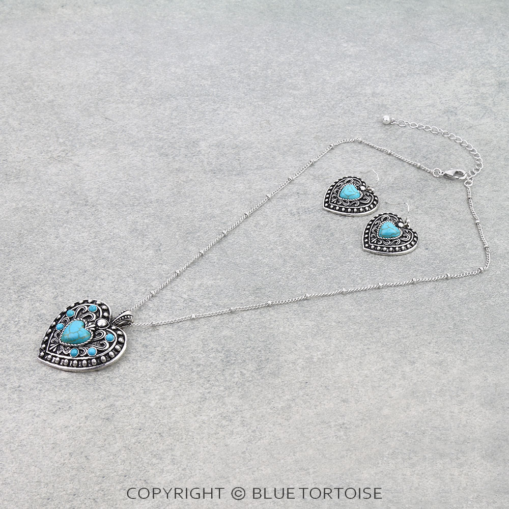 Western Filigree Heart w/ Semi Stone Necklace Set