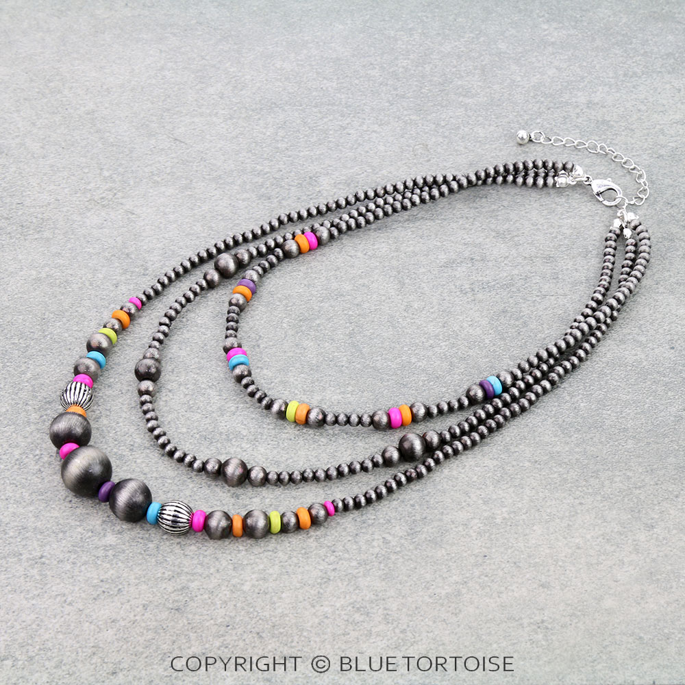 3 Layered Navajo Style Pearl & Bead Necklace