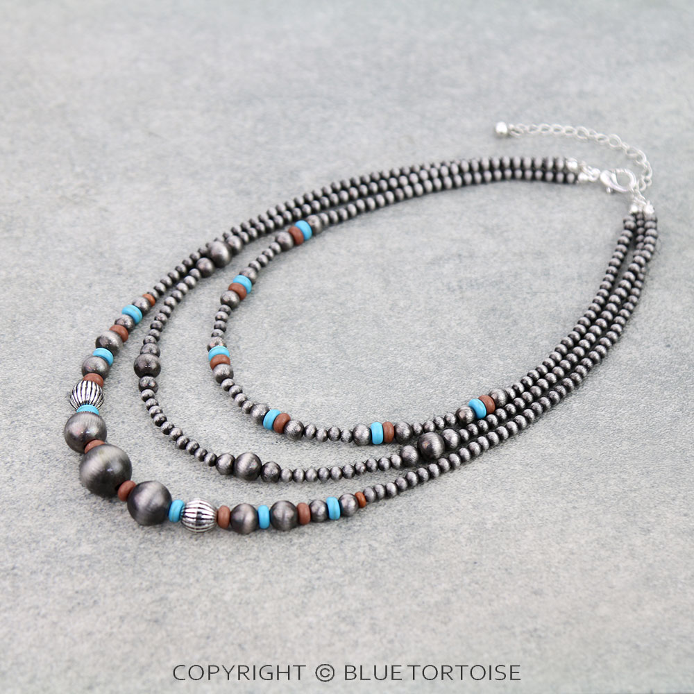 3 Layered Navajo Style Pearl & Bead Necklace