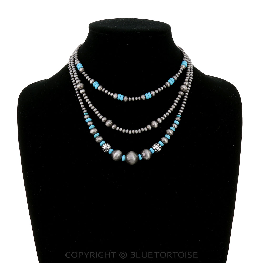 3 Layered Navajo Style Pearl & Bead Necklace - Image 2