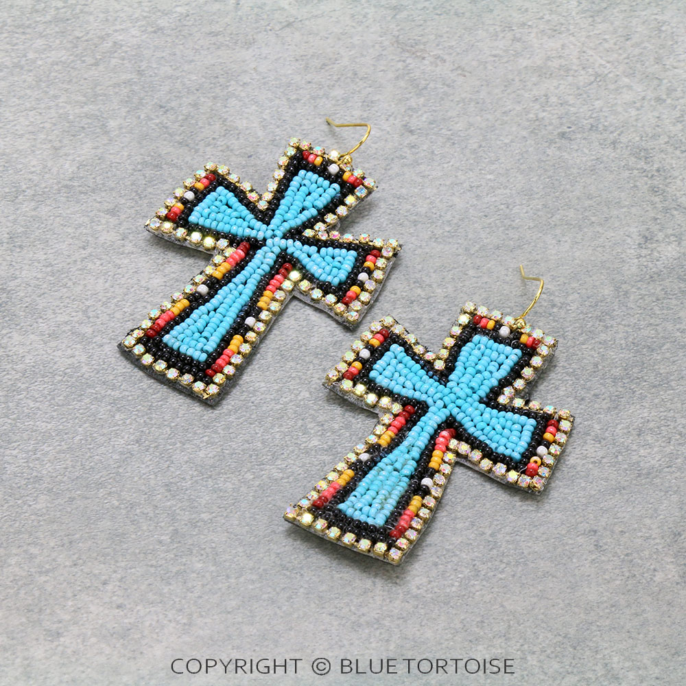 Western Seed Bead Cross Dangle Earrings