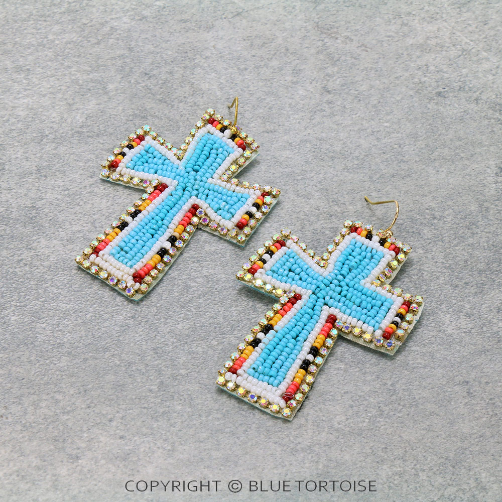Western Seed Bead Cross Dangle Earrings