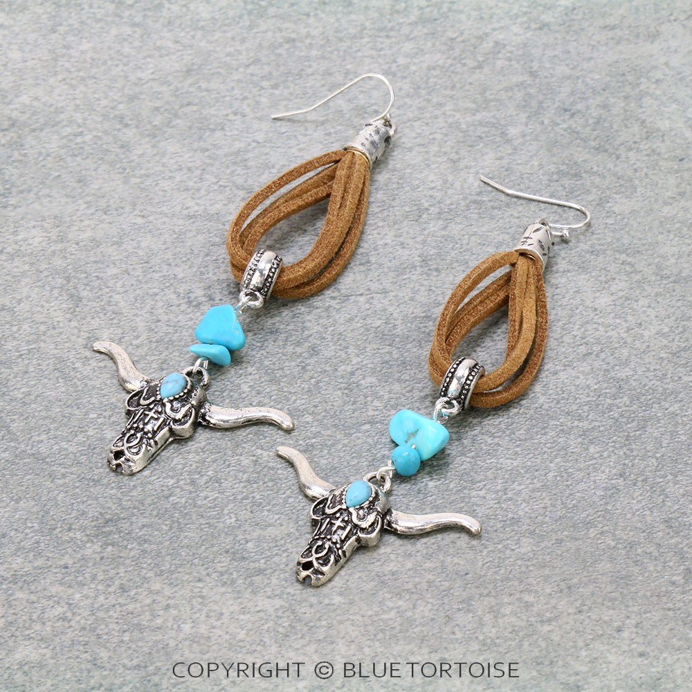 Western Suede with Steer Head Dangle Earrings