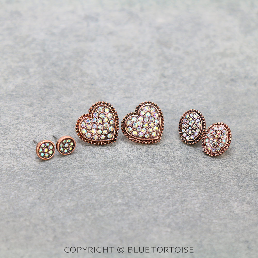 3 Pair Heart Stone Earring Set