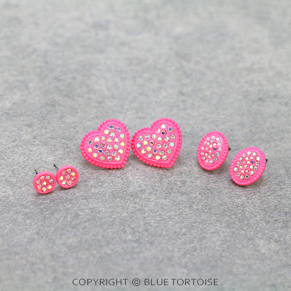 3 Pair Heart Stone Earring Set
