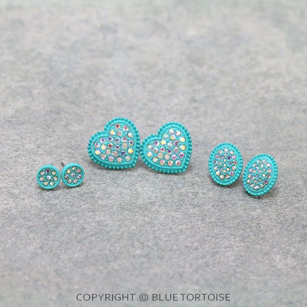 3 Pair Heart Stone Earring Set