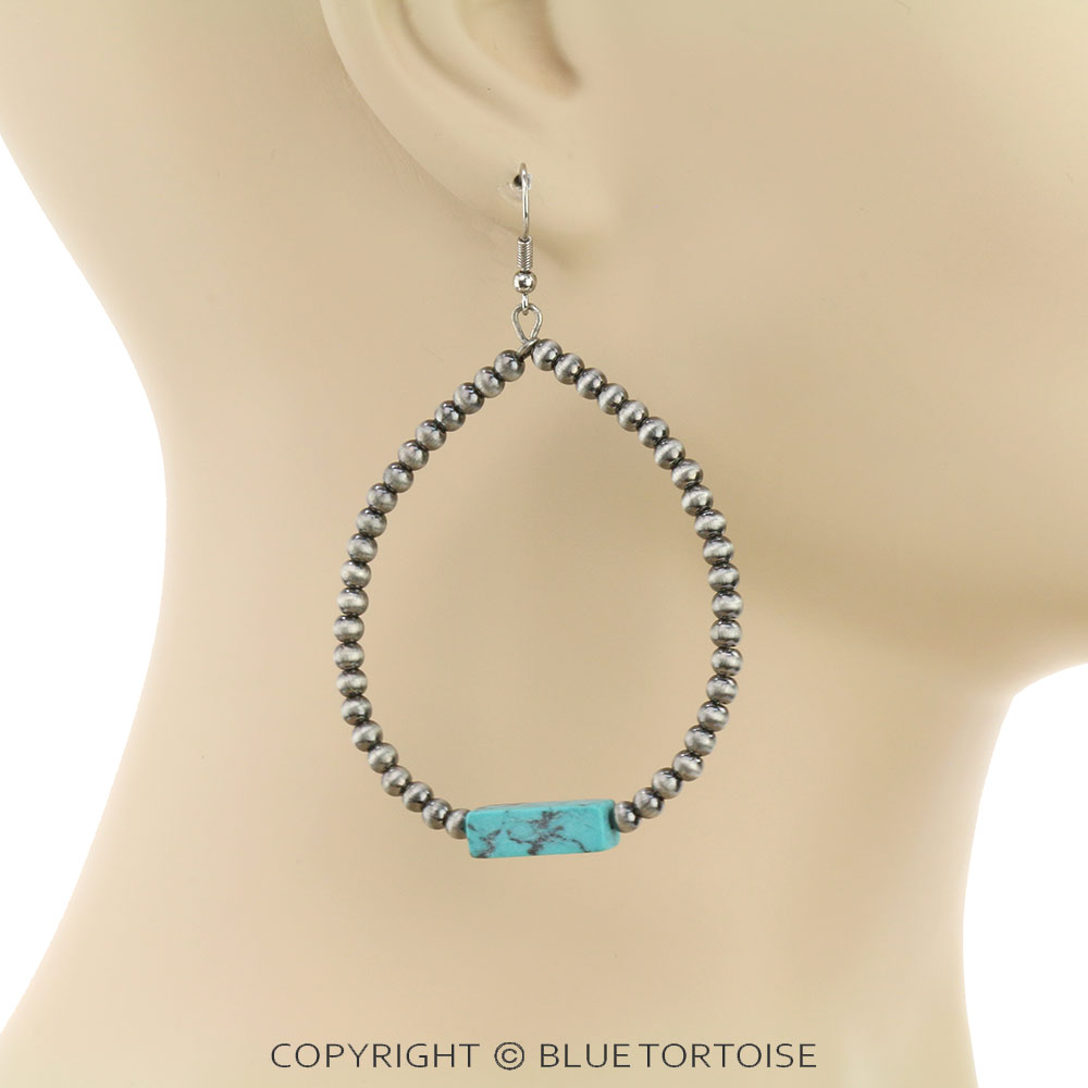 Western Stone & Navajo Bead Hoop Fish Hook Earrings - Image 2