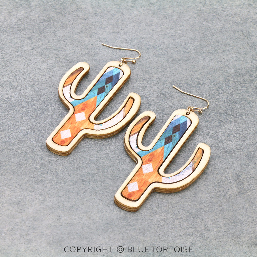 Wood Cactus Dangle Earrings