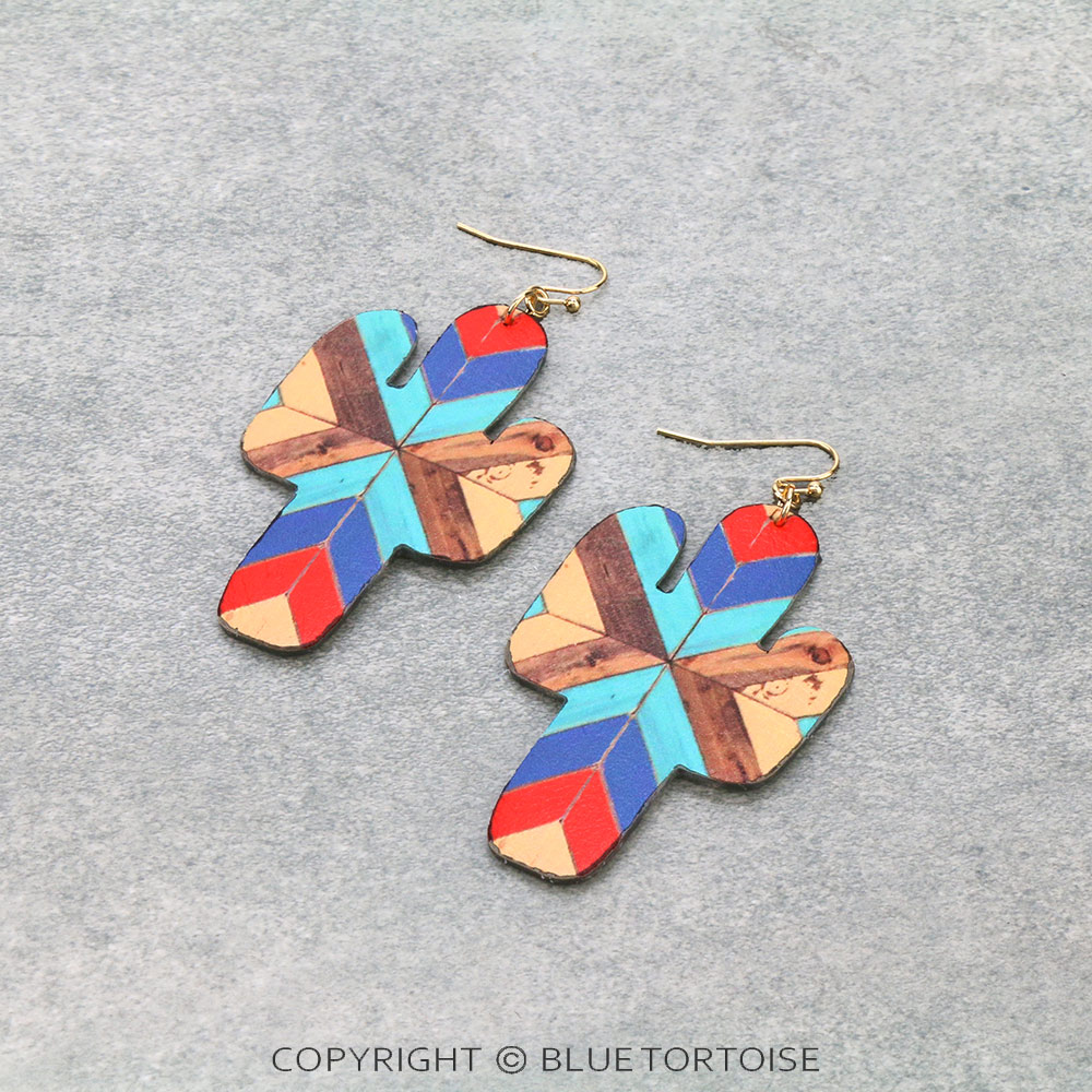 Western Style Cactus Leather Dangle Earrings