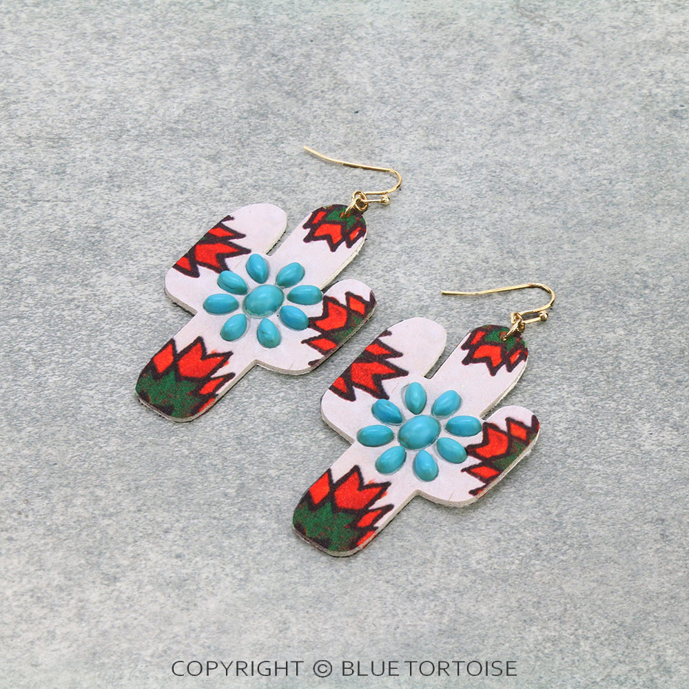 Western Style Cactus Leather Dangle Earrings