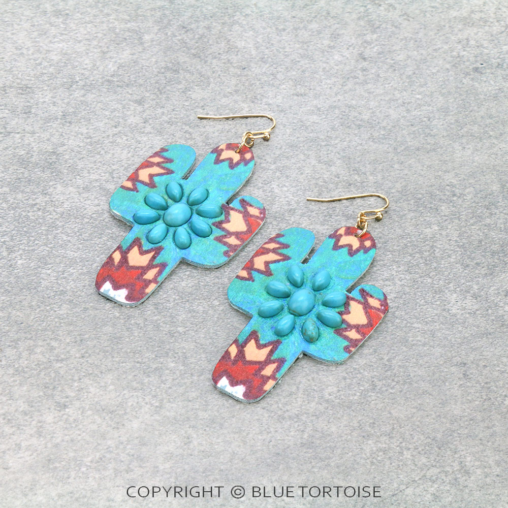 Western Style Cactus Leather Dangle Earrings