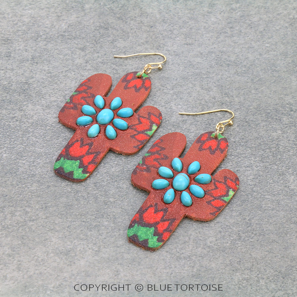 Western Style Cactus Leather Dangle Earrings