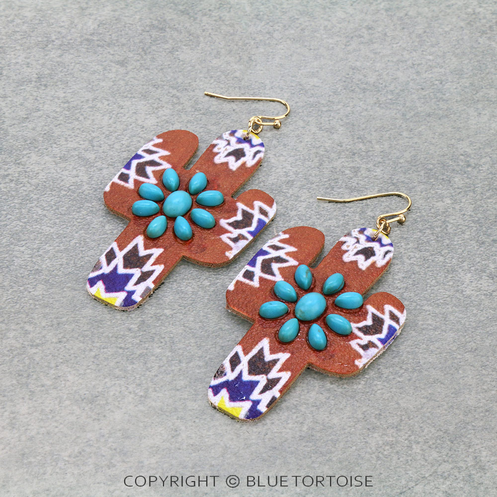 Western Style Cactus Leather Dangle Earrings