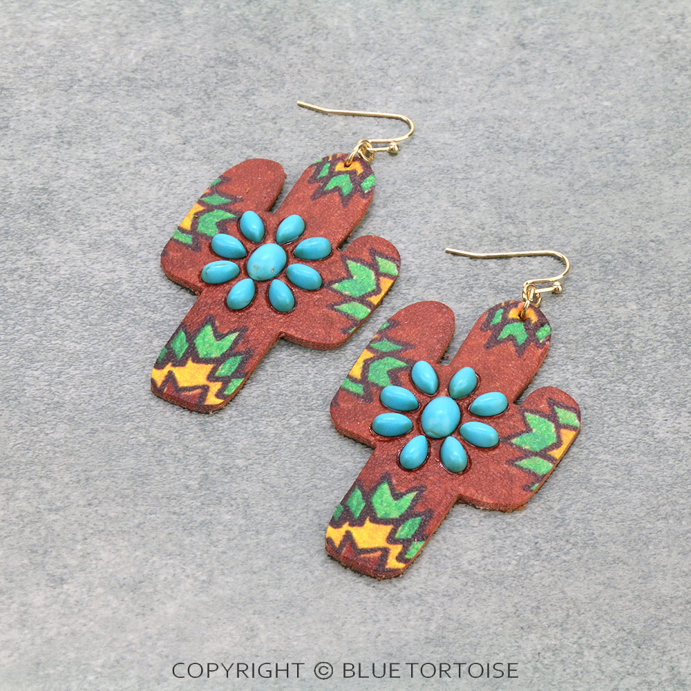 Western Style Cactus Leather Dangle Earrings