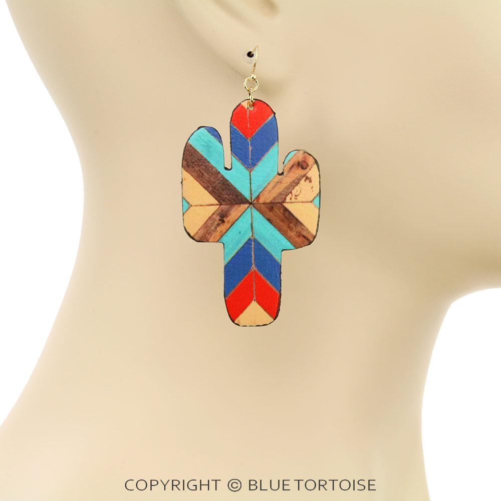 Western Style Cactus Leather Dangle Earrings - Image 2