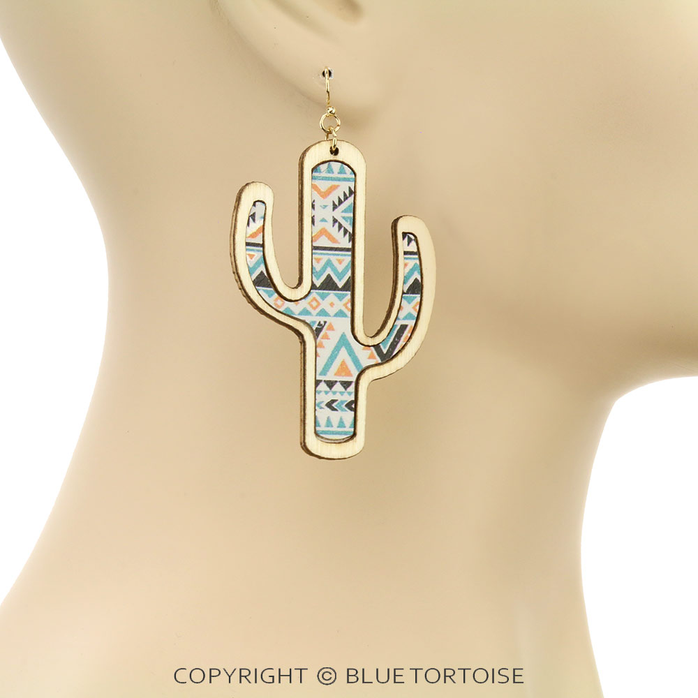 Western Style Cactus Wood Dangle Earrings - Image 2