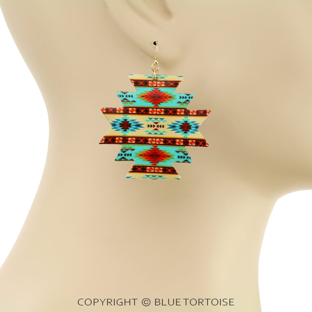 Western Style Aztec Leather Dangle Earrings - Image 2