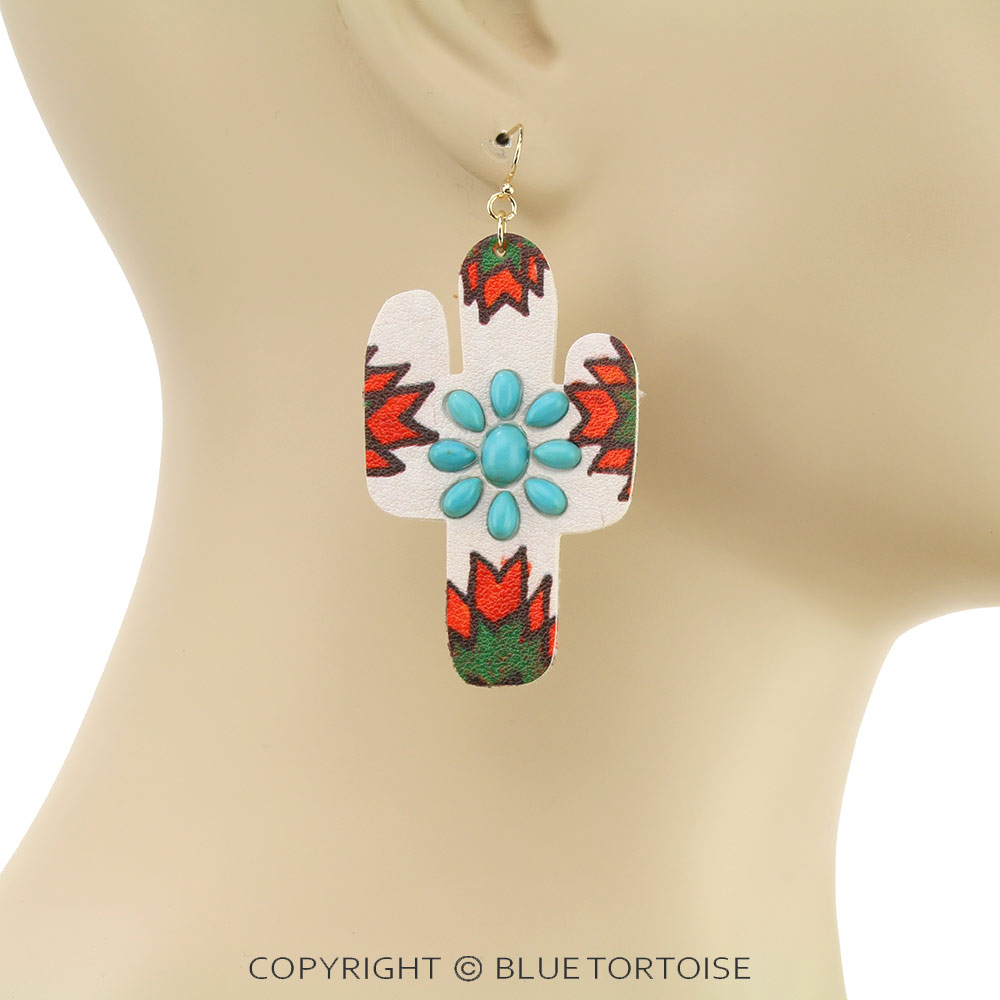 Western Style Cactus Leather Dangle Earrings - Image 2