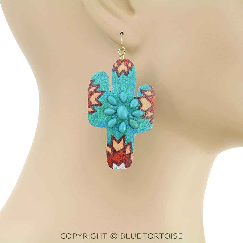 Western Style Cactus Leather Dangle Earrings - Image 2