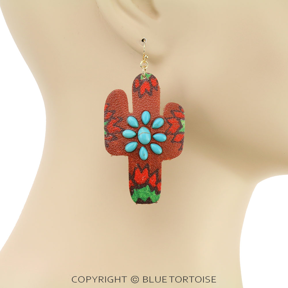 Western Style Cactus Leather Dangle Earrings - Image 2